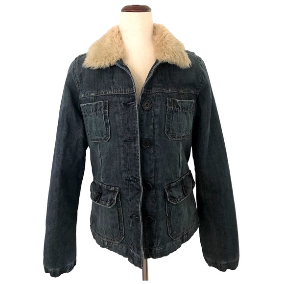 Abercrombie & Fitch Jean Jacket Faux Fur Collar Medium Lined Button Down Pockets - Picture 11 of 11